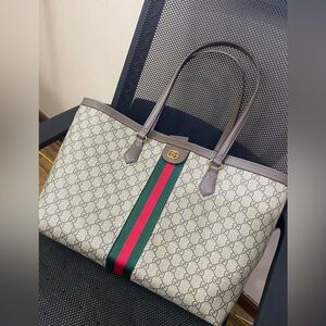 Gucci Beige and Brown Tote with Red and Green Stripes